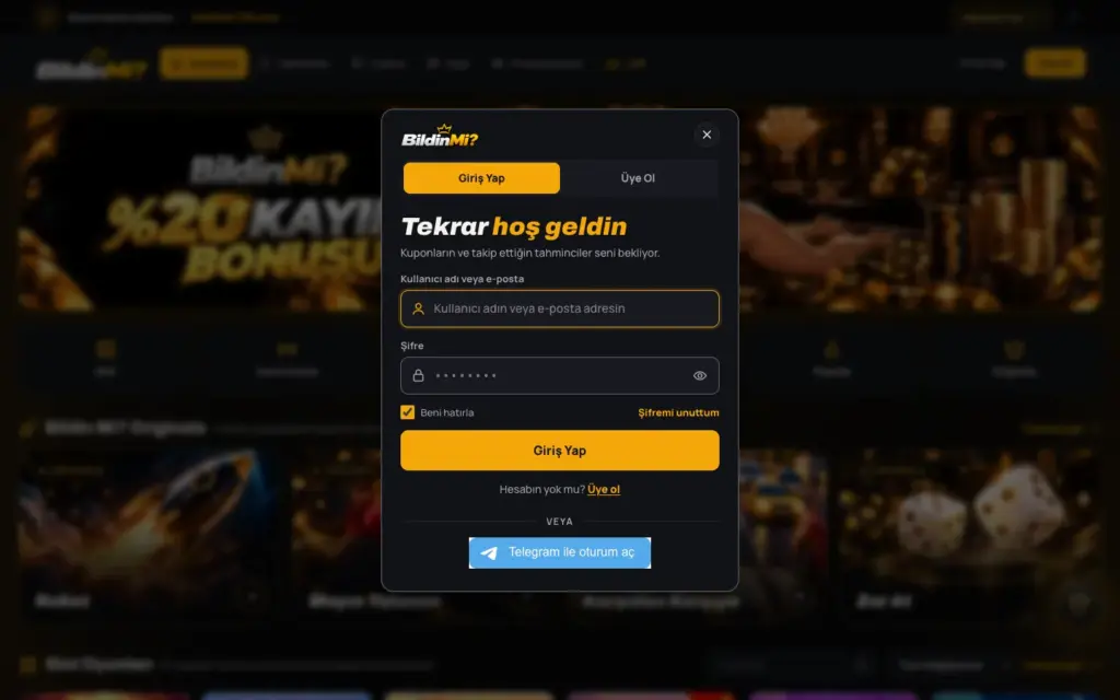 Giriş penceresi, kullanıcı adı veya e-posta ve şifre alanları