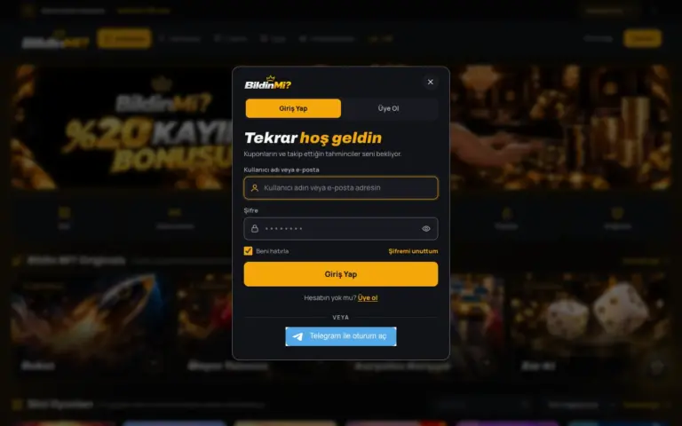 Giriş penceresi, kullanıcı adı veya e-posta ve şifre alanları