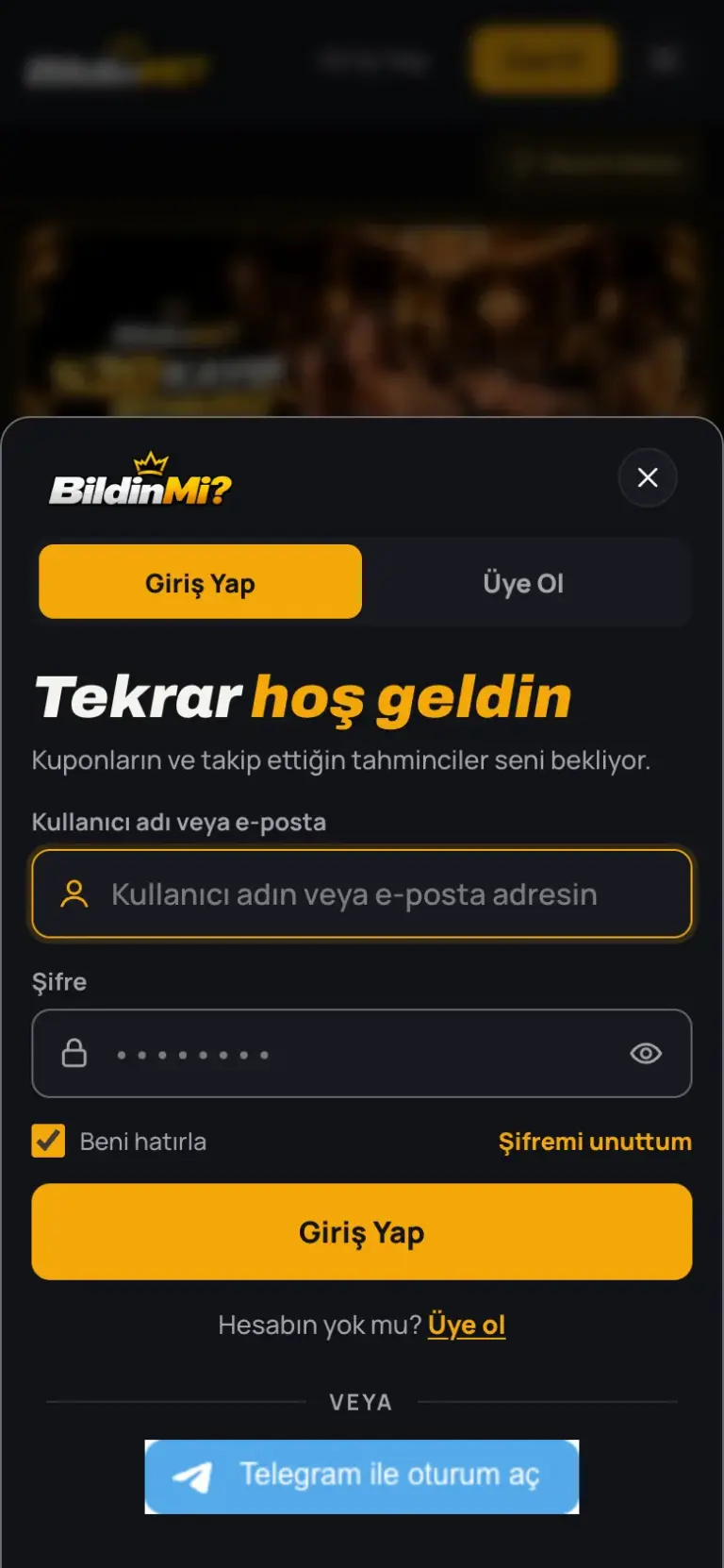 Mobil tarayıcıda açılmış giriş penceresi