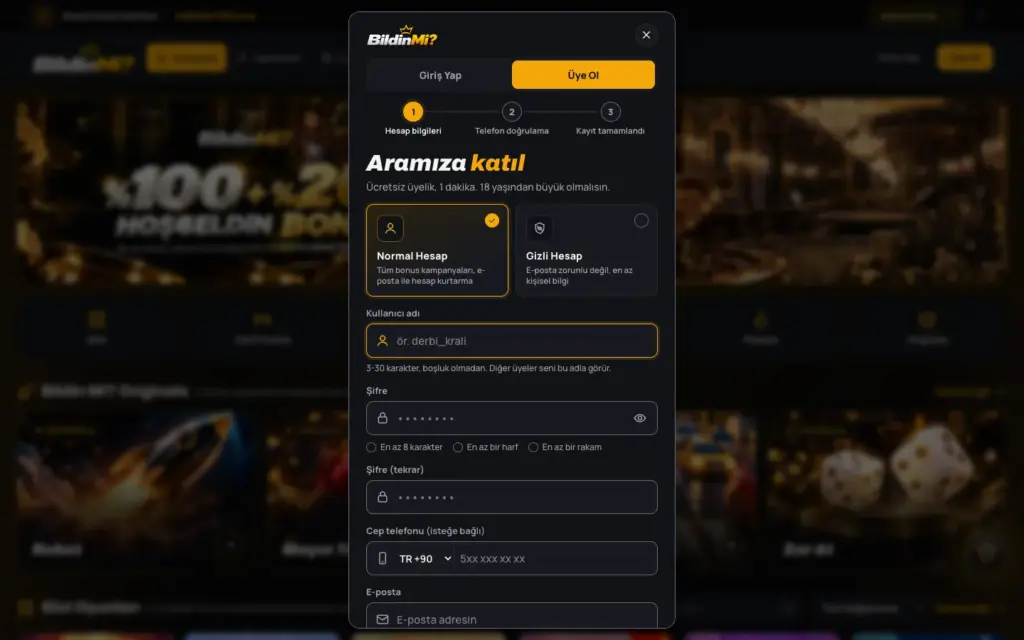 Üye Ol formunda kullanıcı adı, şifre ve telefon alanlarının yakından görünümü